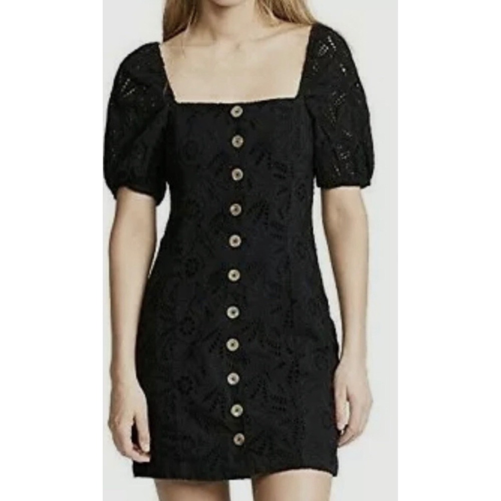 FREE PEOPLE DANIELLA MINI DRESS SZ 2 BLACK EYELET COTTON LINED BOHO COASTAL $168
